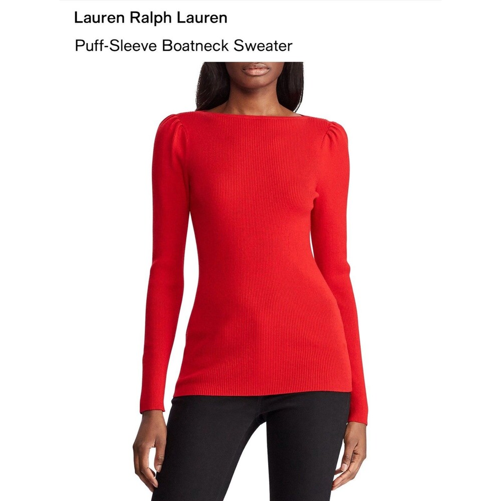 Lauren Ralph Lauren Red/Orange Ribbed Puff Sleeve Knit Top Size Small